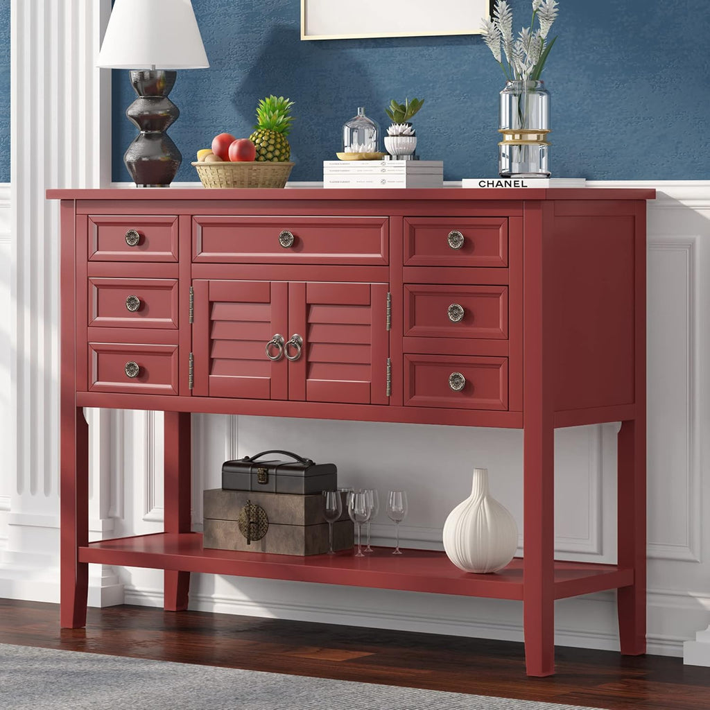 Red Wood Console Table with 7 Drawers Q86778