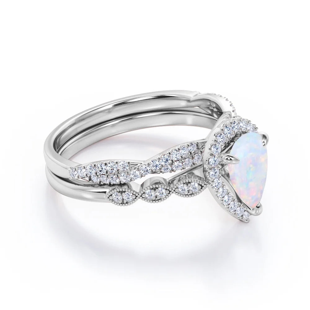 Pear Shaped Fire Opal & Diamond Wedding Ring Set in 10K White Gold L34866