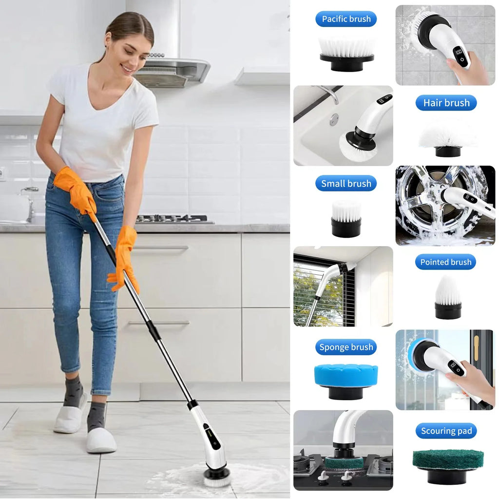 Cordless Electric Spin Scrubber with 8 Heads & Long Handle J720539