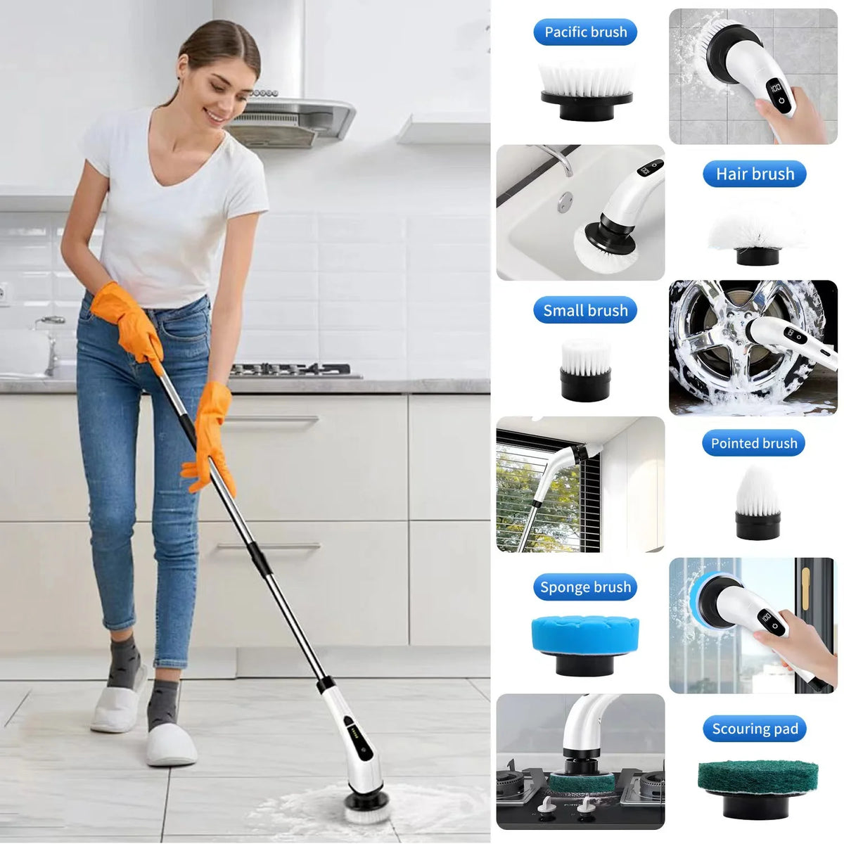 Cordless Electric Spin Scrubber with 8 Heads & Long Handle J720539