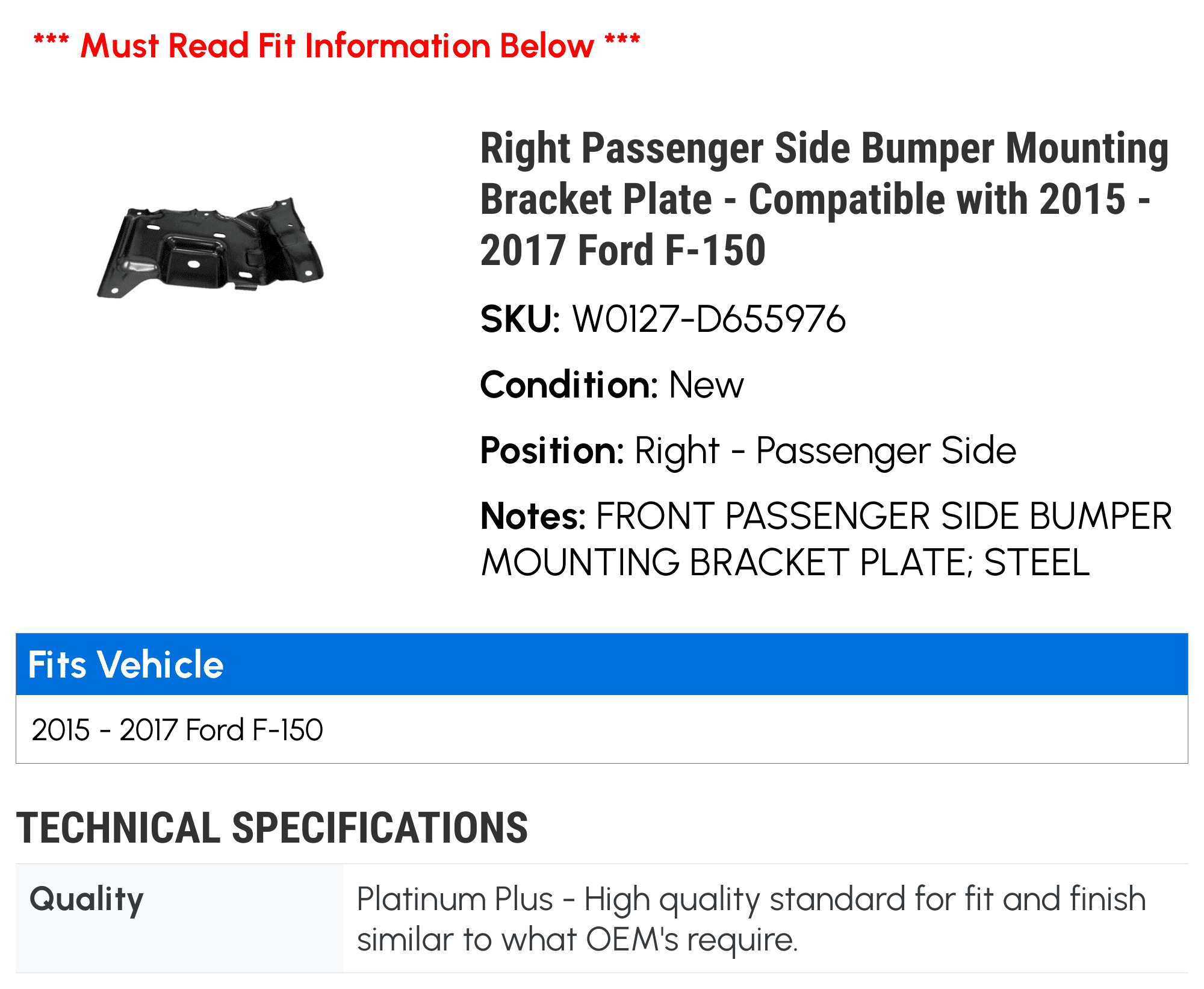 Passenger Side Bumper Mounting Bracket Plate for 2015-2018 Ford F-150 I22734