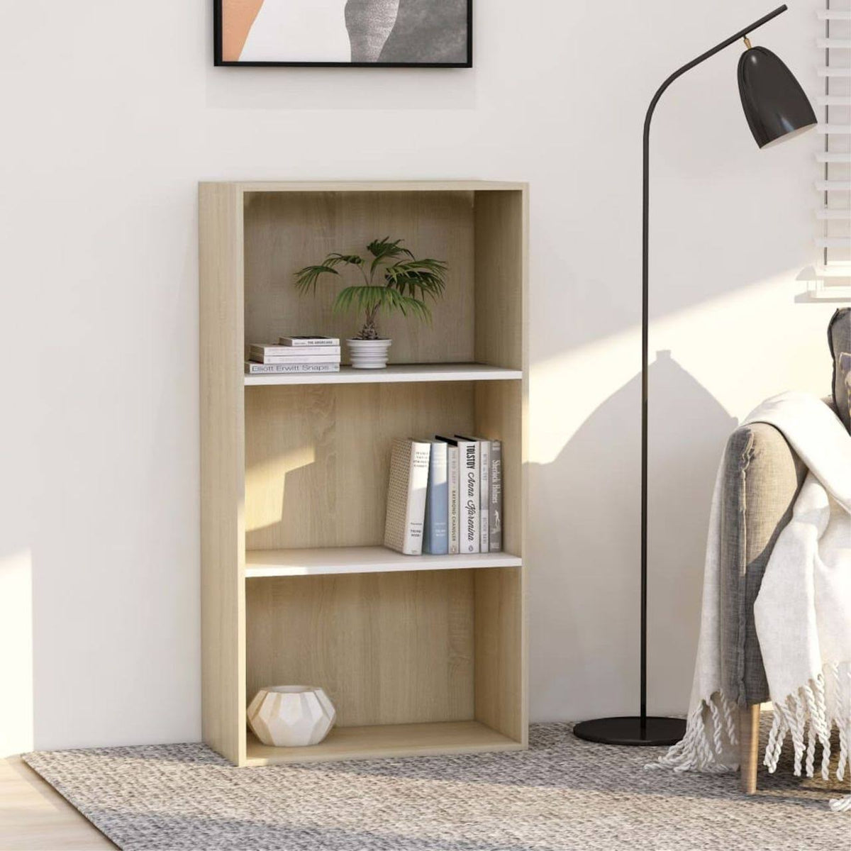 3-Tier Book Cabinet White and Sonoma Oak Chipboard G92409