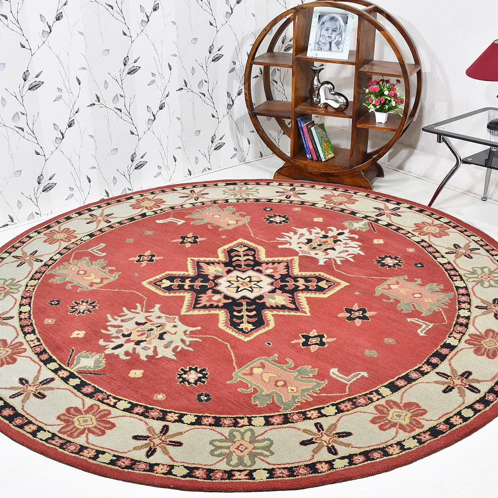 10'x10' Round Red Cream Hand Tufted Wool Area Rug X462801