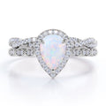 Pear Shaped Fire Opal & Diamond Wedding Ring Set in 10K White Gold L34866