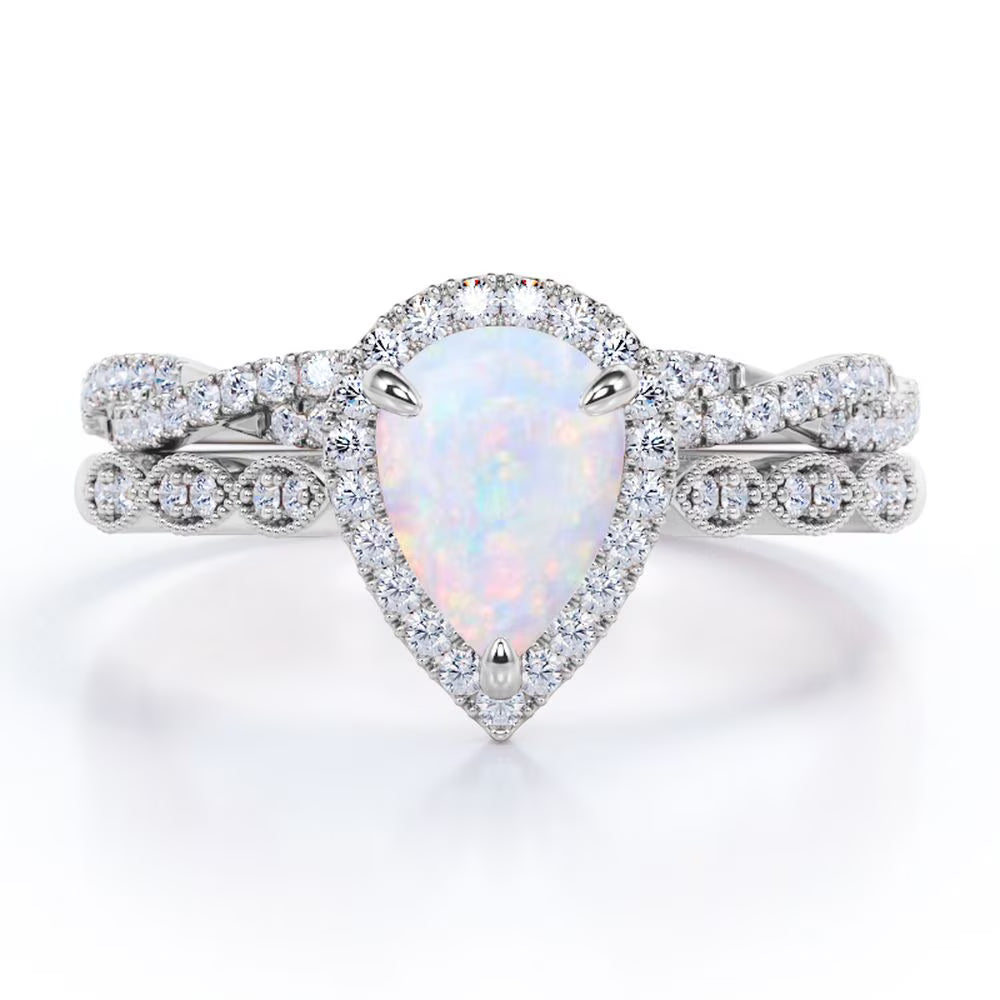 Pear Shaped Fire Opal & Diamond Wedding Ring Set in 10K White Gold L34866