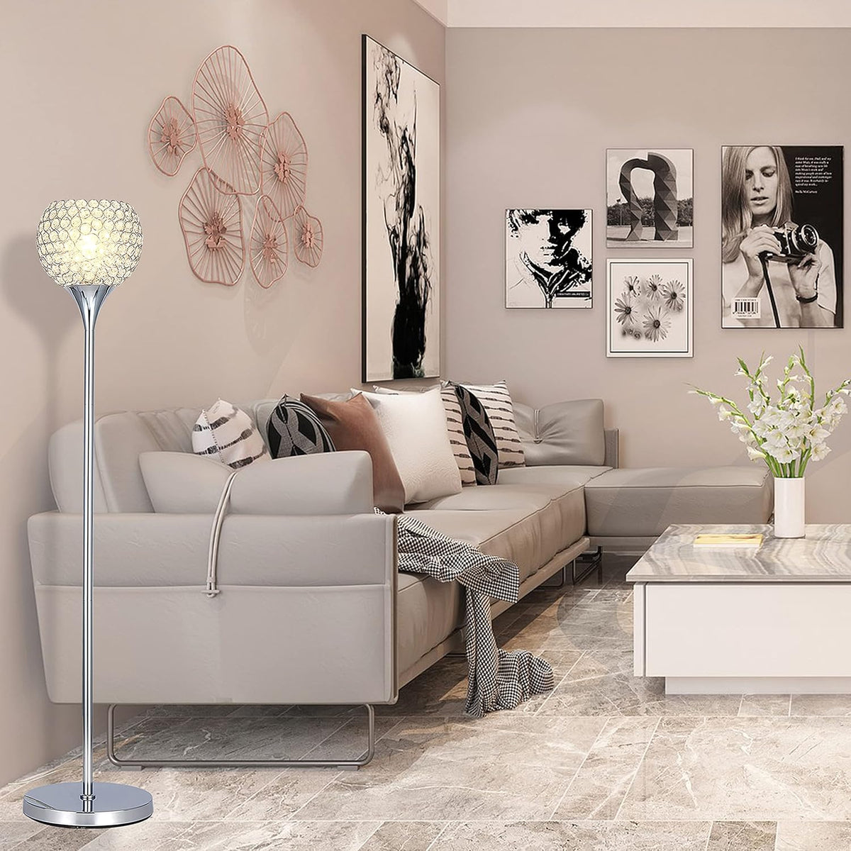 Spherical Crystal Floor Lamp, 1-Light Chrome Finish, E26 Base, LED Bulb Included A933755