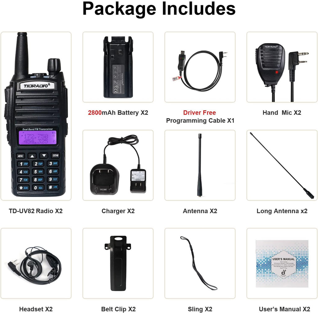 UV-82 Ham Radio Handheld 2 Way Radio with Programming Cable and Long Antenna (2Pack-Black) T329606