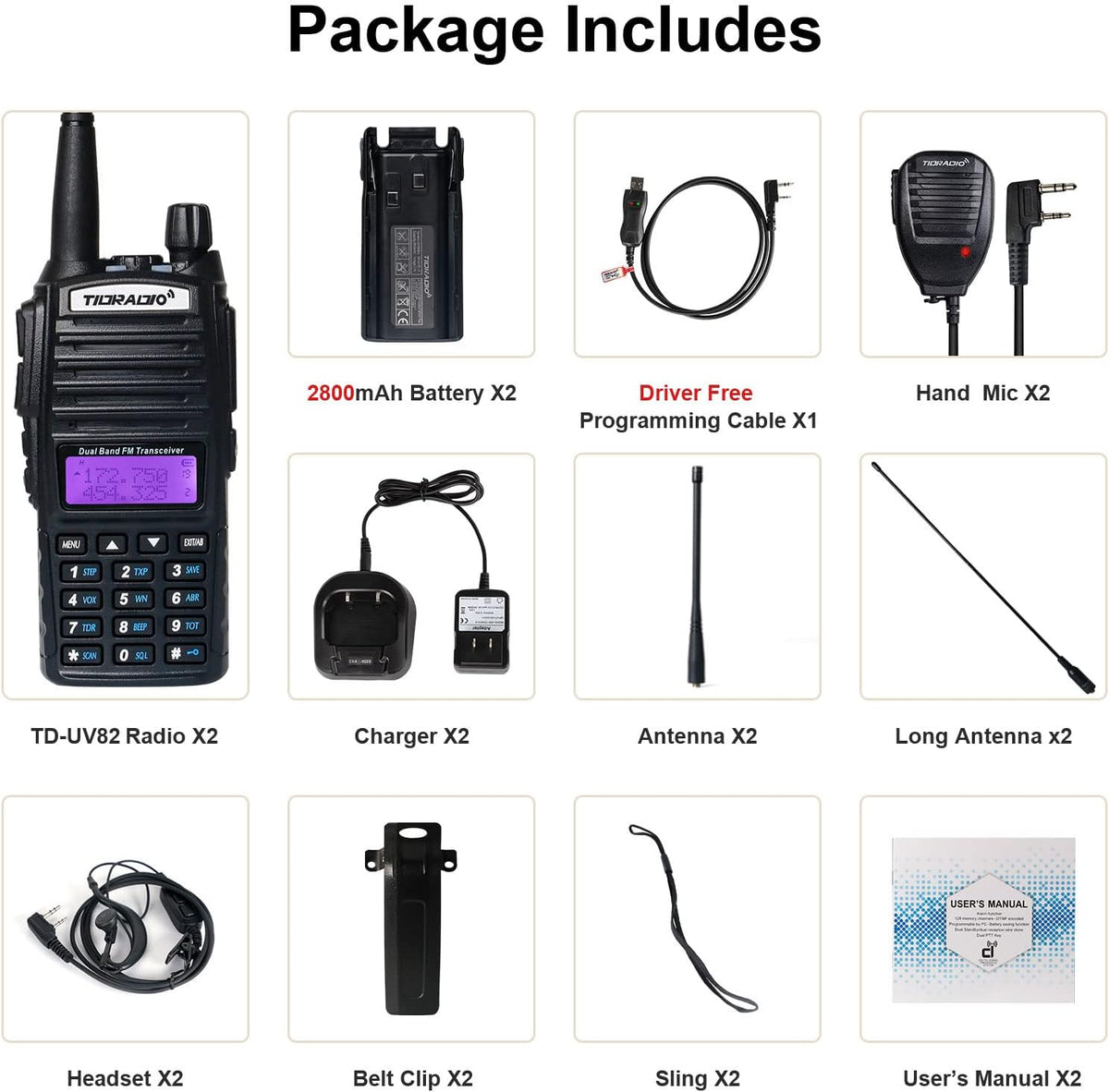 UV-82 Ham Radio Handheld 2 Way Radio with Programming Cable and Long Antenna (2Pack-Black) T329606