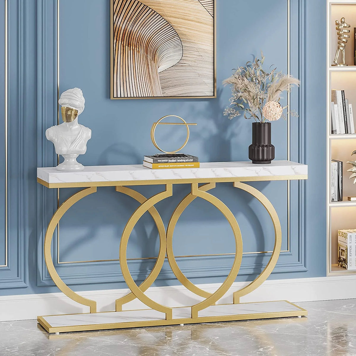 White & Gold Faux Marble Console Sofa Table J514437