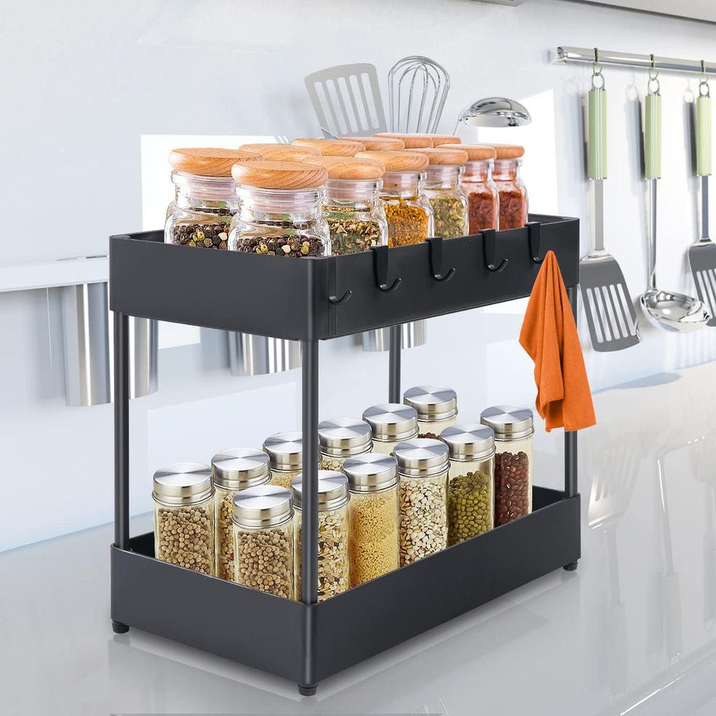 2 Tier Black Under Sink Storage Rack with 6 Hooks D713