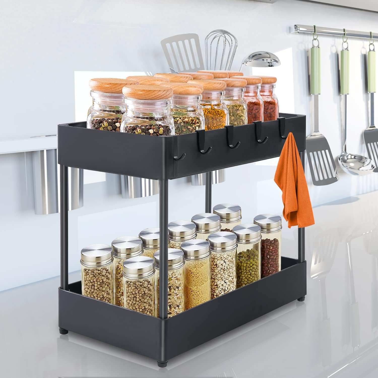 2 Tier Black Under Sink Storage Rack with 6 Hooks D713