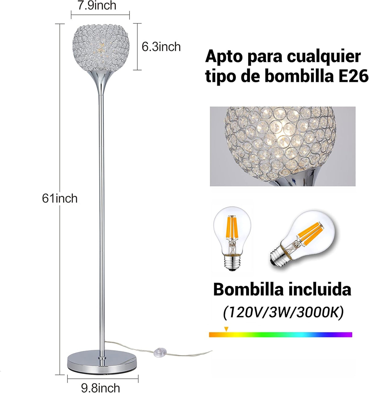 Spherical Crystal Floor Lamp, 1-Light Chrome Finish, E26 Base, LED Bulb Included A933755