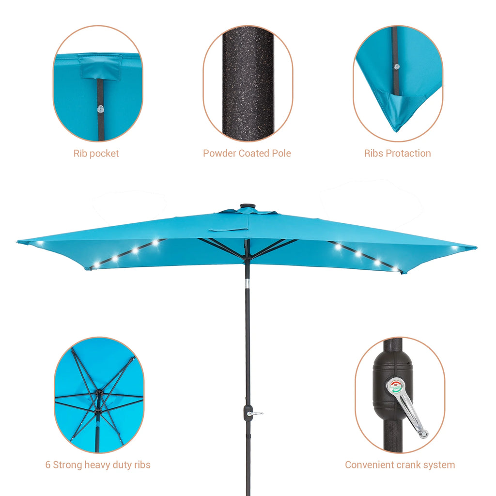 10 x 6.5ft LED Rectangle Outdoor Patio Umbrella with Polyester Canopy, Lake Blue W736