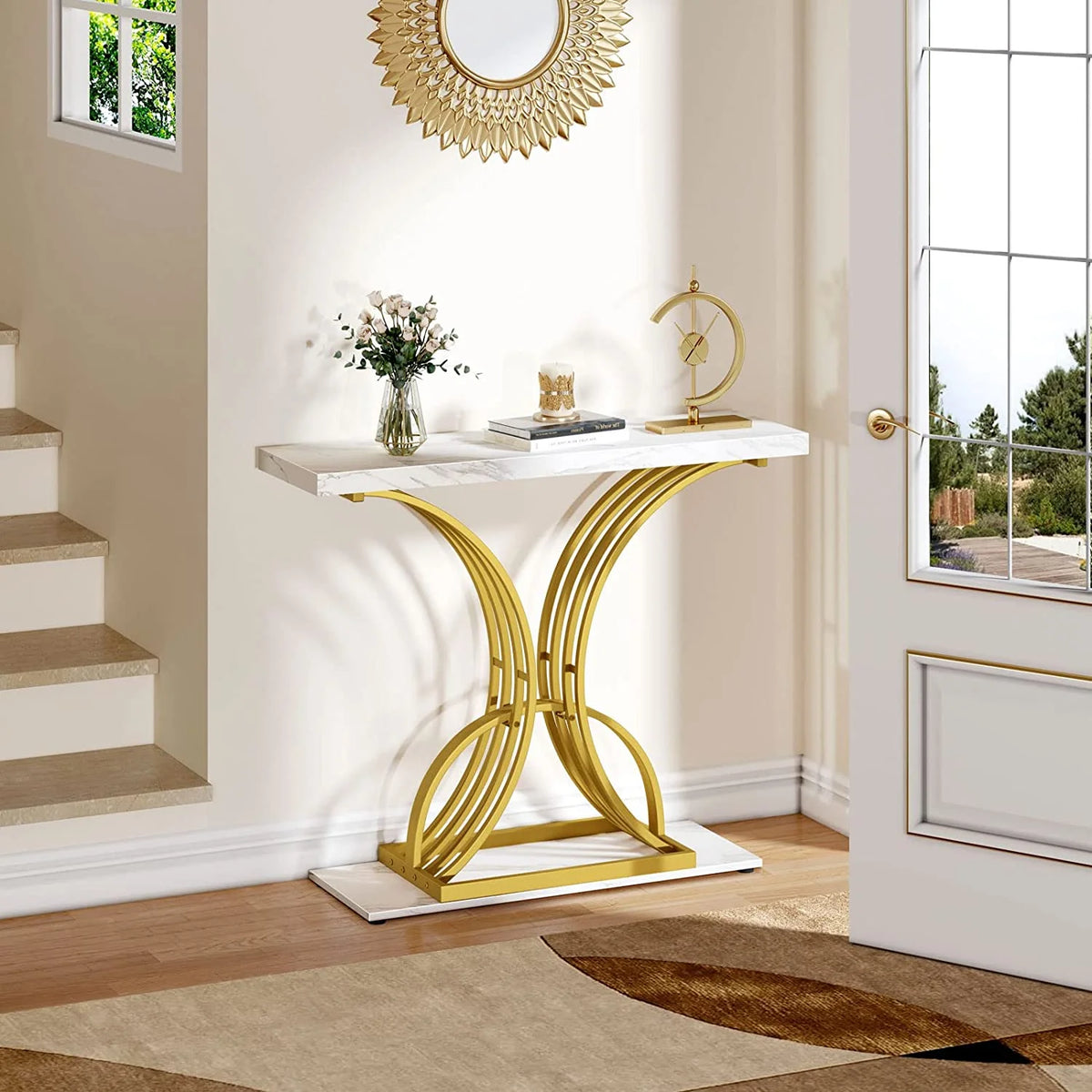 Gold Narrow Console Table with Faux Marble Top N282060