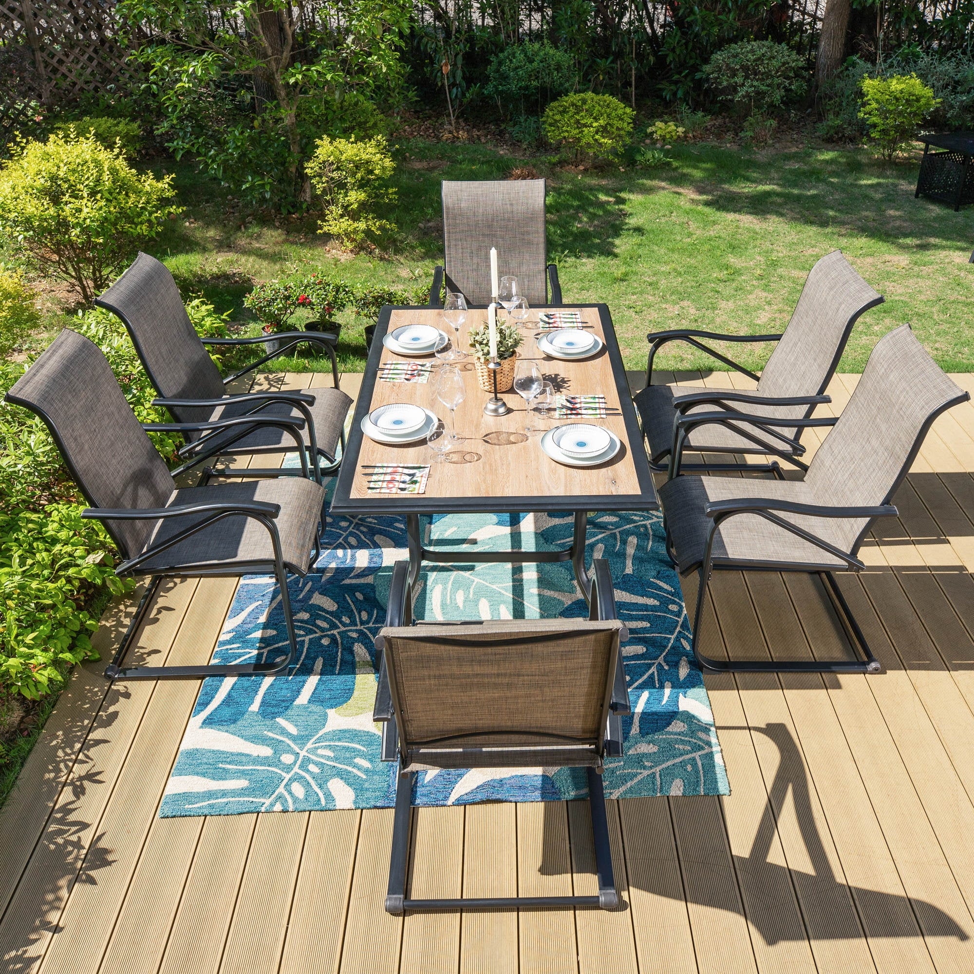 7-Piece Outdoor Patio Dining Set with 6 Rocking Chairs & 1 Metal Frame Dining Table, Black & Gray O138