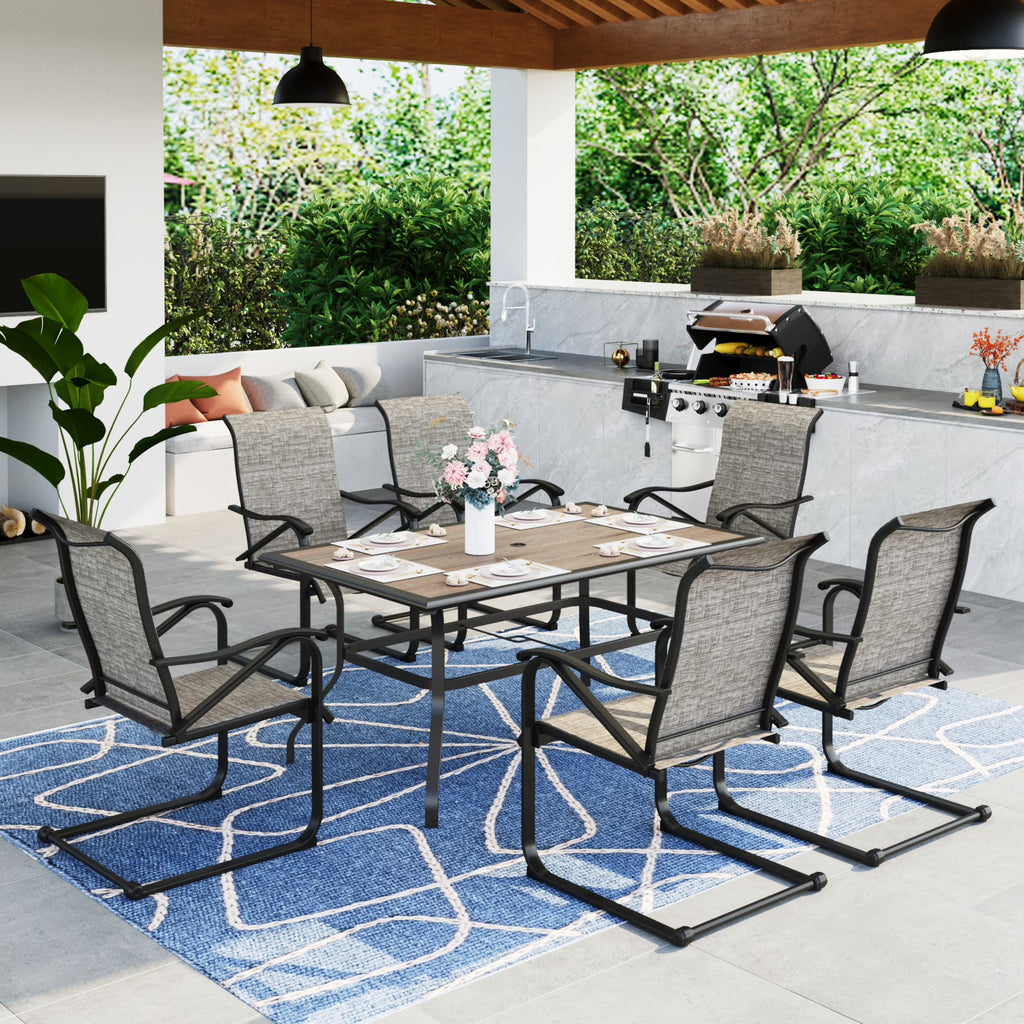 7-Piece Outdoor Patio Dining Set with 6 Rocking Chairs & 1 Metal Frame Dining Table, Black & Gray O138