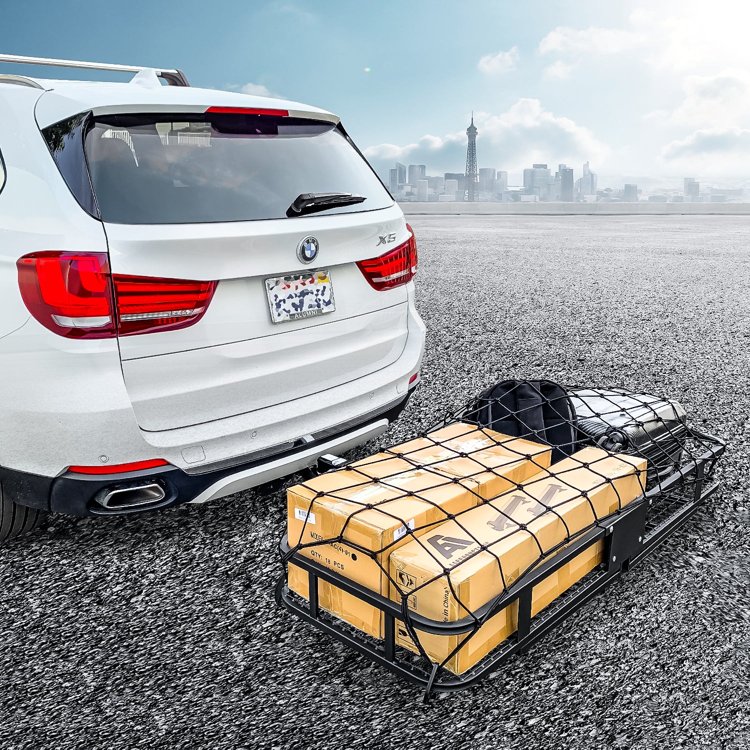 Hitch Mount Folding Cargo Basket with Cargo Net and Anti-rattle Stabilizer, 500 LB Capacity, Fits 2" Receiver E13659