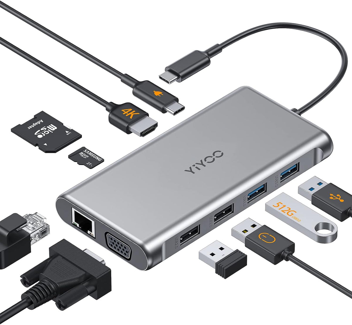 USB C Hub Adapter 8-in-1 with Ethernet Port, 4K USB C to HDMI, 3 USB 3.0, SD&Micro SD Card Reader, USB-C Power Delivery Q841079