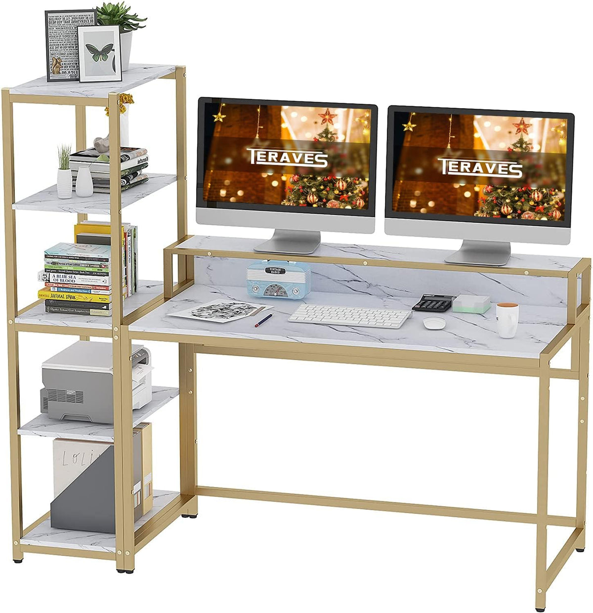 47 Inch Reversible Computer Desk with 5 Tier Shelves and Storage U52948
