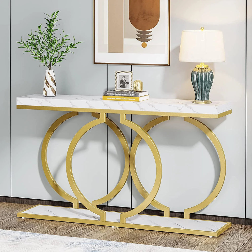 White & Gold Faux Marble Console Sofa Table J514437