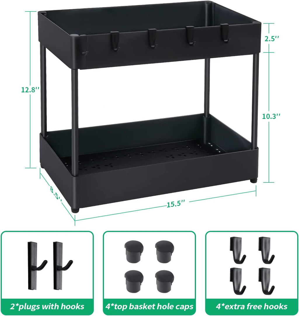 2 Tier Black Under Sink Storage Rack with 6 Hooks D713
