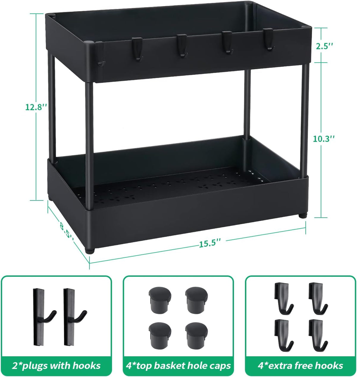 2 Tier Black Under Sink Storage Rack with 6 Hooks D713