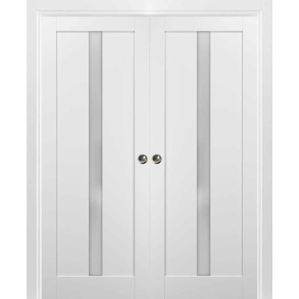 White Silk Frosted Glass Solid Wood Double Pocket Doors with Frames P4643