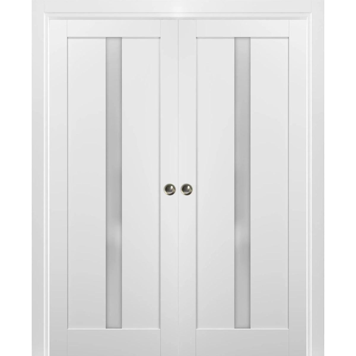 White Silk Frosted Glass Solid Wood Double Pocket Doors with Frames P4643