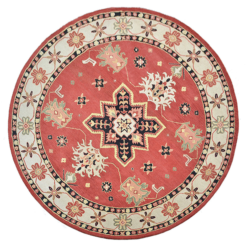 10'x10' Round Red Cream Hand Tufted Wool Area Rug X462801