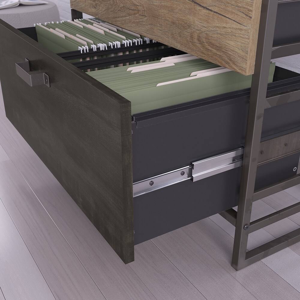 White L Shaped Industrial Desk with File Cabinets K363