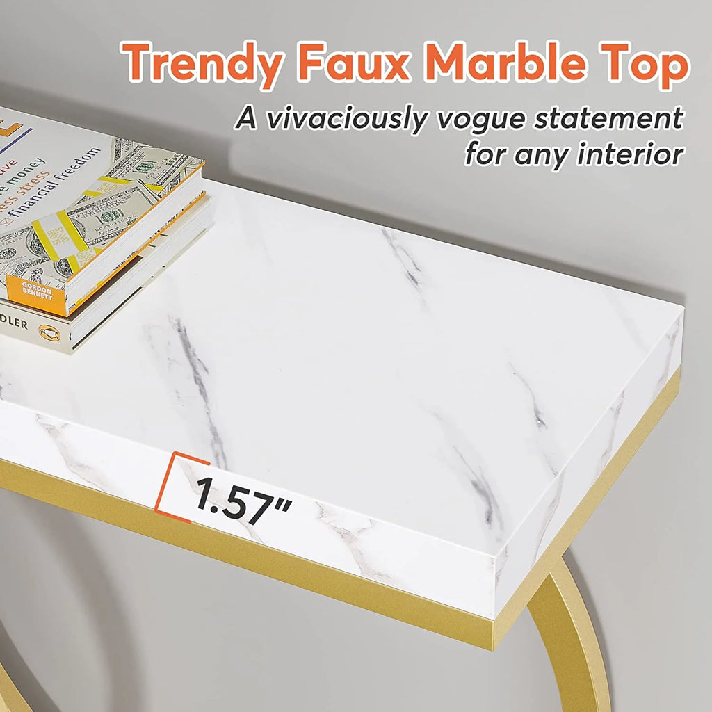 White & Gold Faux Marble Console Sofa Table J514437