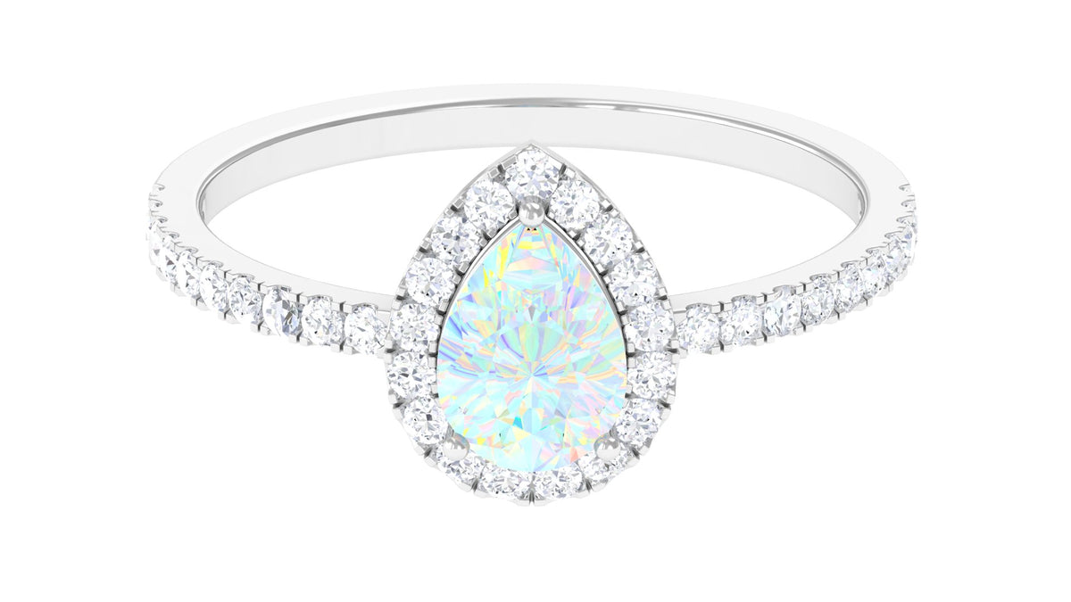 14K White Gold Teardrop Ring with Diamond Halo I2318