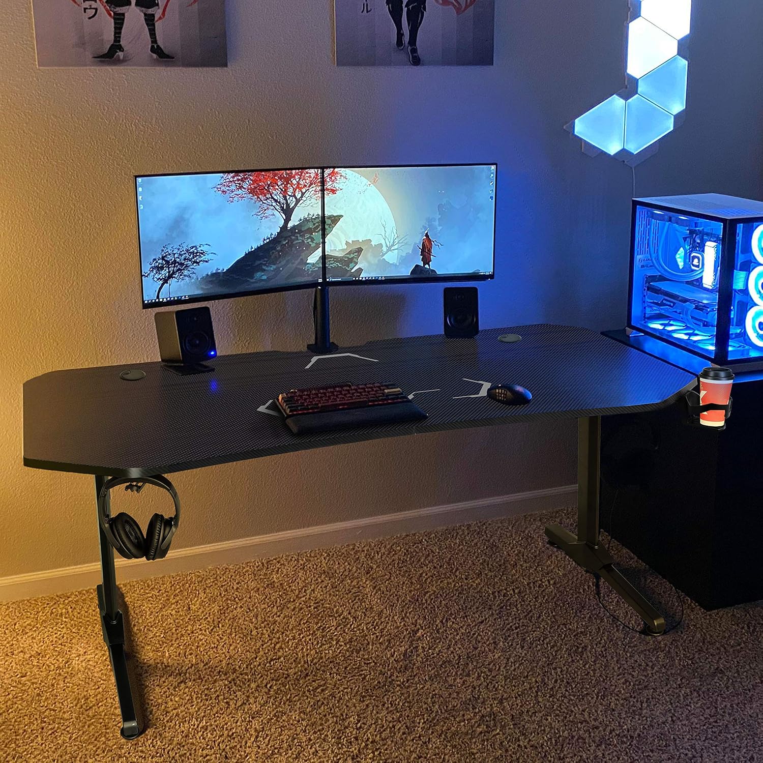 63 inch Gaming Desk with Desk Mat and Cup Holder and Headphone Hook C44554
