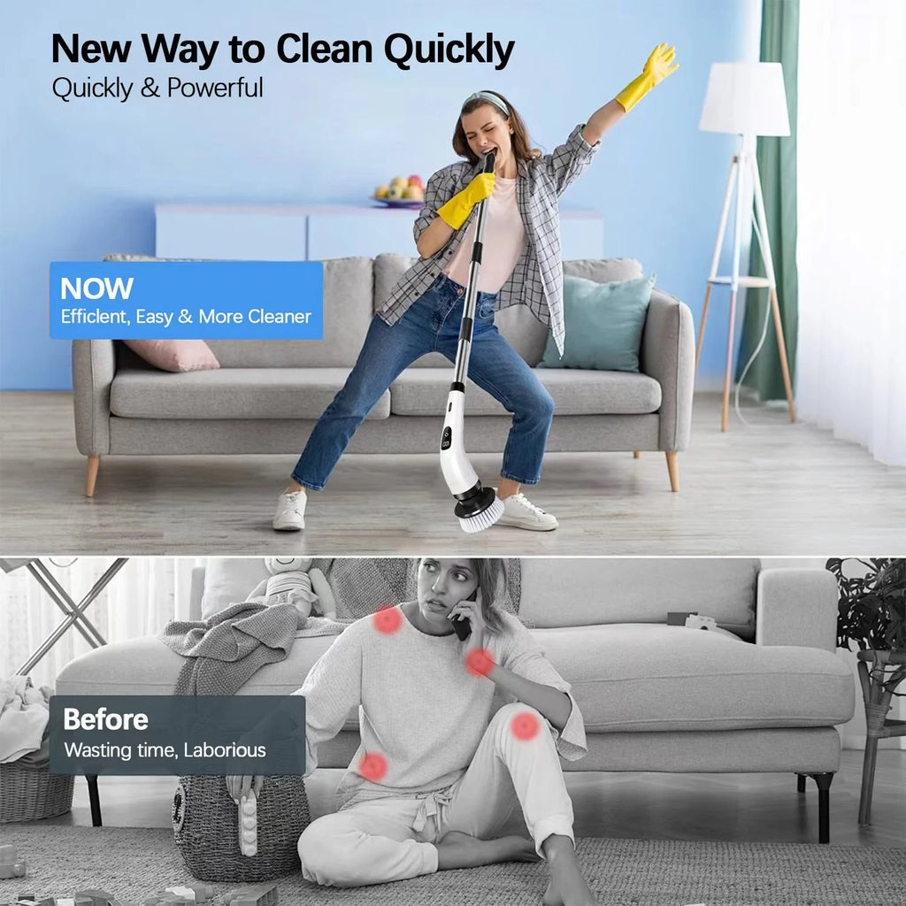 Cordless Electric Spin Scrubber with 8 Heads & Long Handle J720539