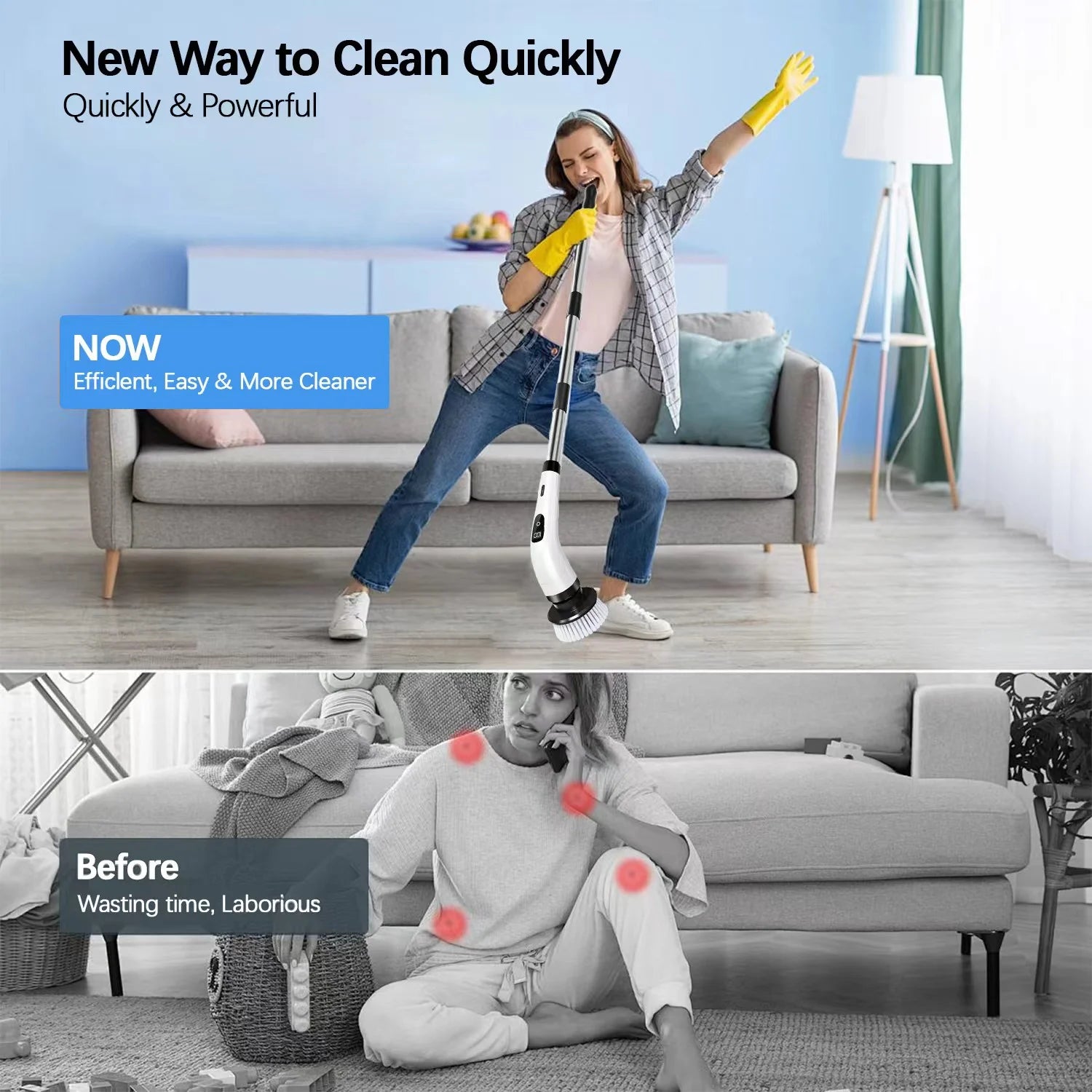 Cordless Electric Spin Scrubber with 8 Heads & Long Handle J720539
