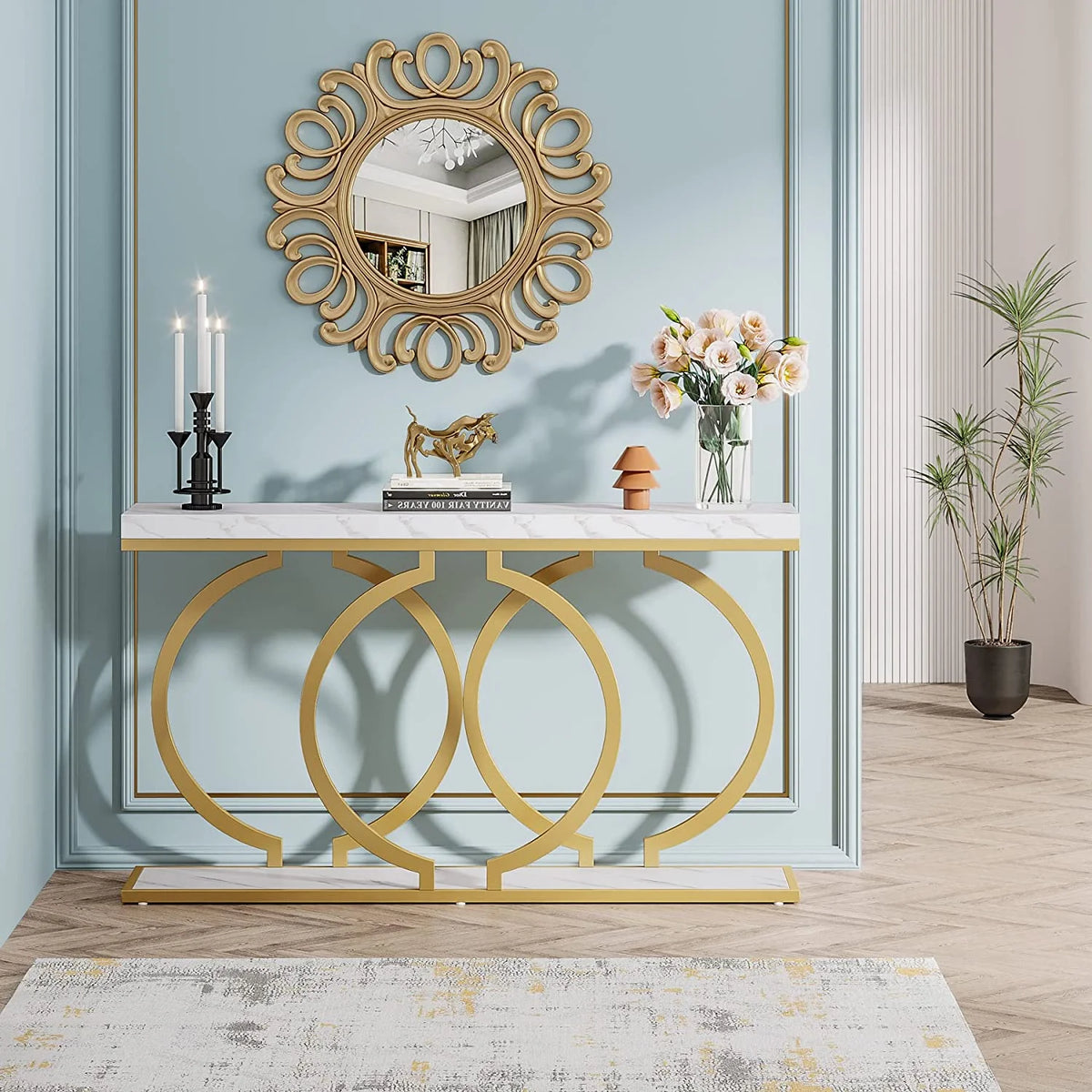 White & Gold Faux Marble Console Sofa Table J514437