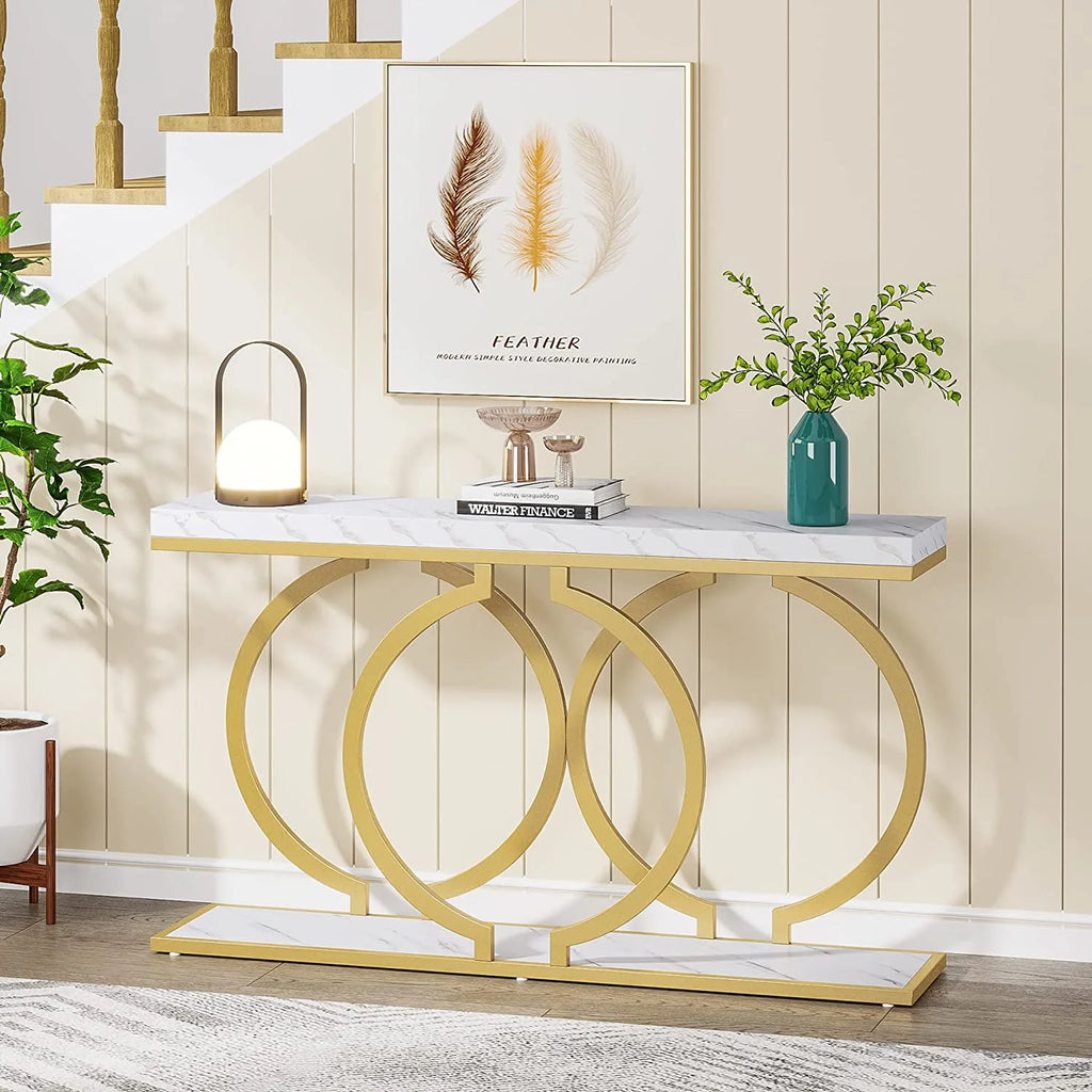 White & Gold Faux Marble Console Sofa Table J514437