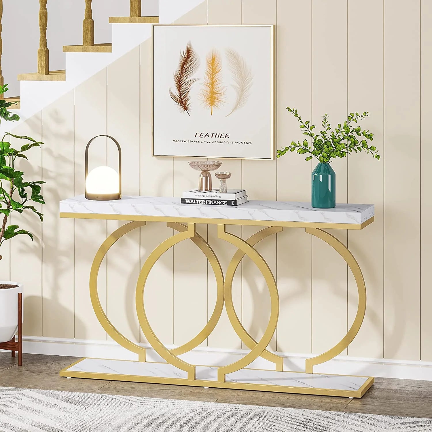 White & Gold Faux Marble Console Sofa Table J514437