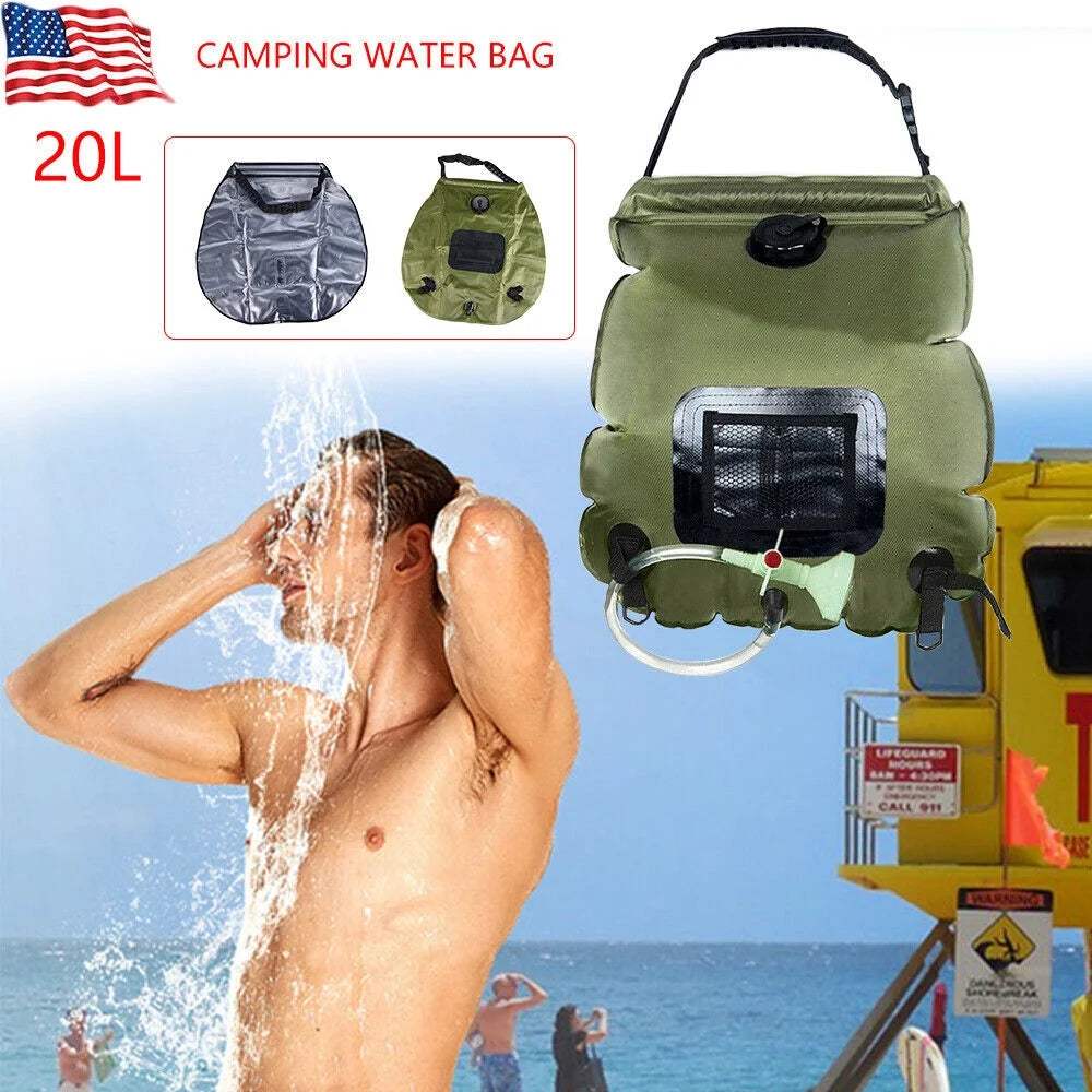 5 Gallon Solar Heated Camping Shower Bag with Removable Hose, Green PVC O492121