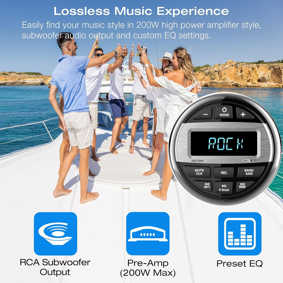 Waterproof Marine Grade Bluetooth Boat Stereo Receiver with FM AM Radio, USB, AUX-in, MP3, Subwoofer, Pre-Amp & EQ P274