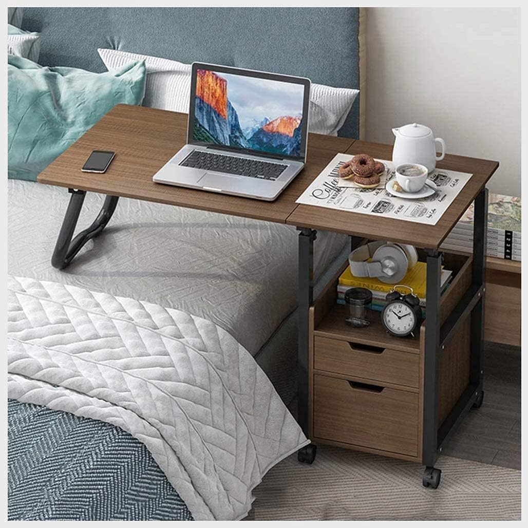 2 in 1 Overbed Table with Wheels, Foldable Bedside Table with Drawer, Height Adjustable Mobile Computer Desk R5024