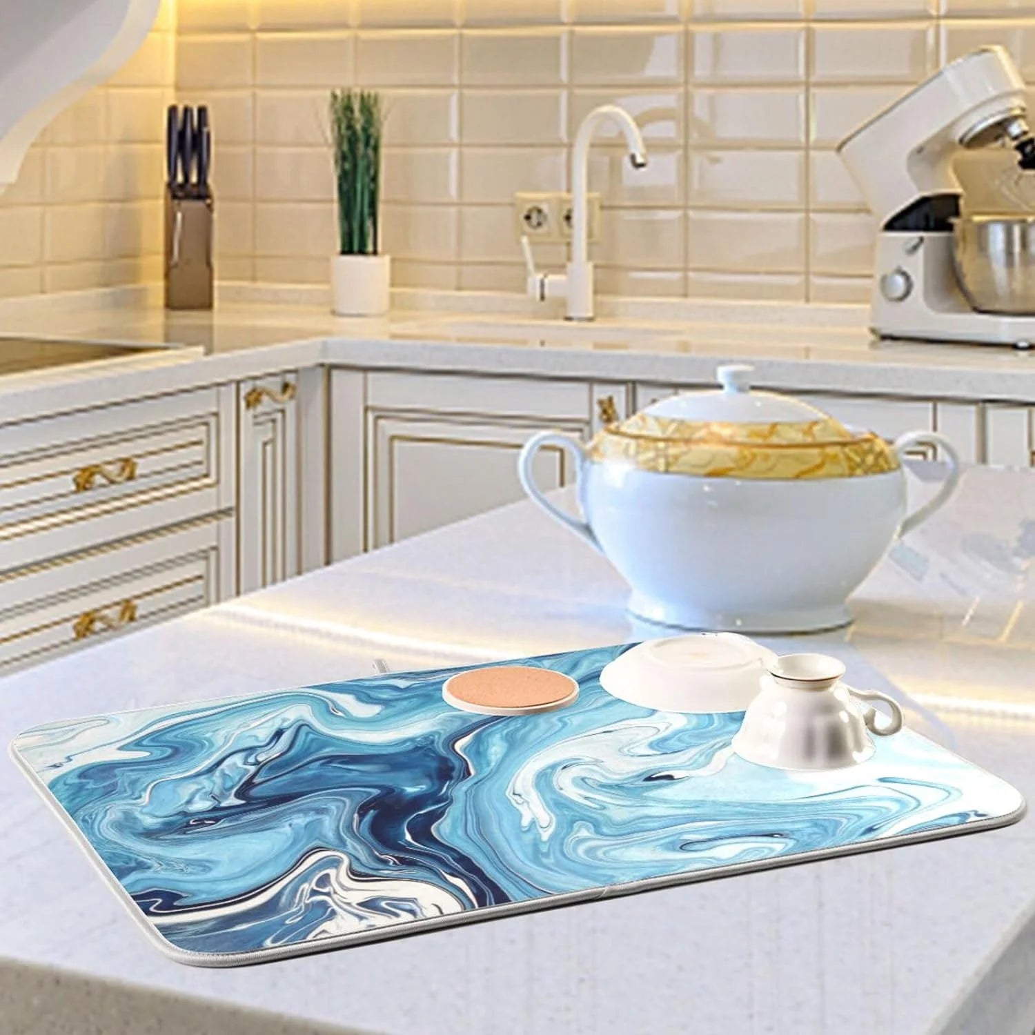 Blue Powder Dish Drying Mat for Kitchen Counter Y580