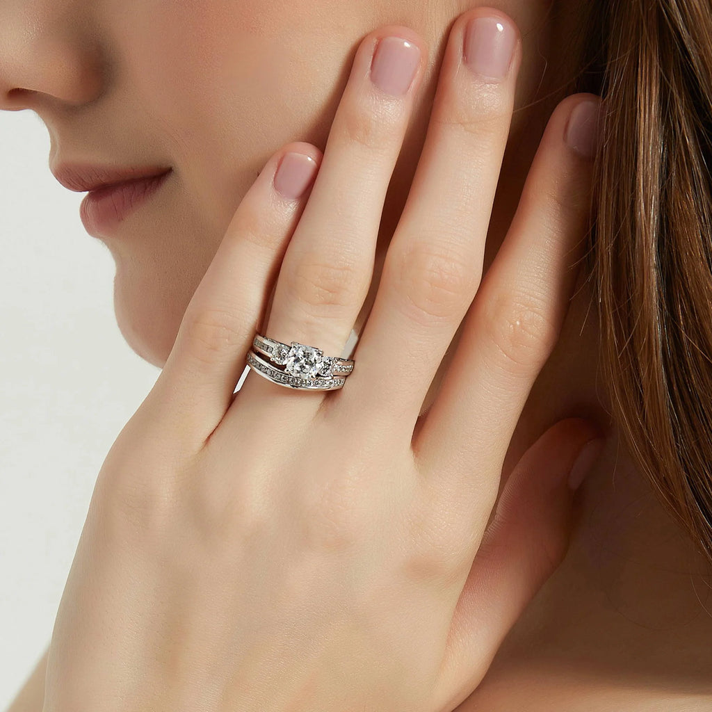 Sterling Silver Cushion Cut Cubic Zirconia Ring Set, Rhodium Plated Size 8.5 R7633