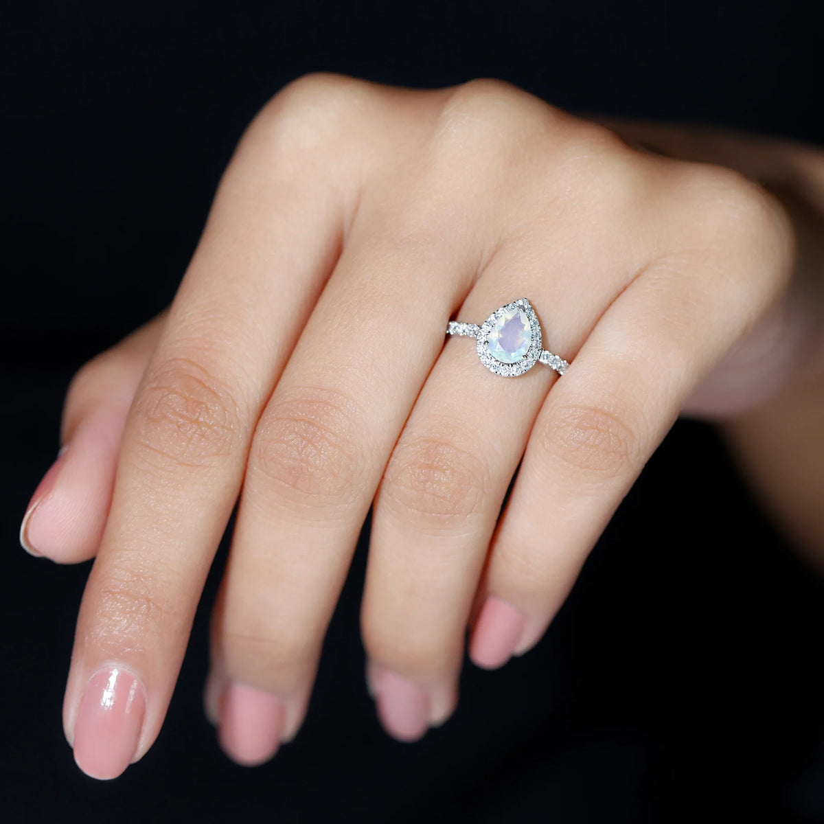 14K White Gold Teardrop Ring with Diamond Halo I2318