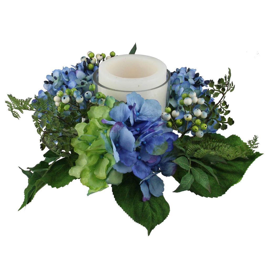 16x22 Decorative Artificial Blue and Green Hydrangea and Berry Hurricane Glass Candle Holder A104387
