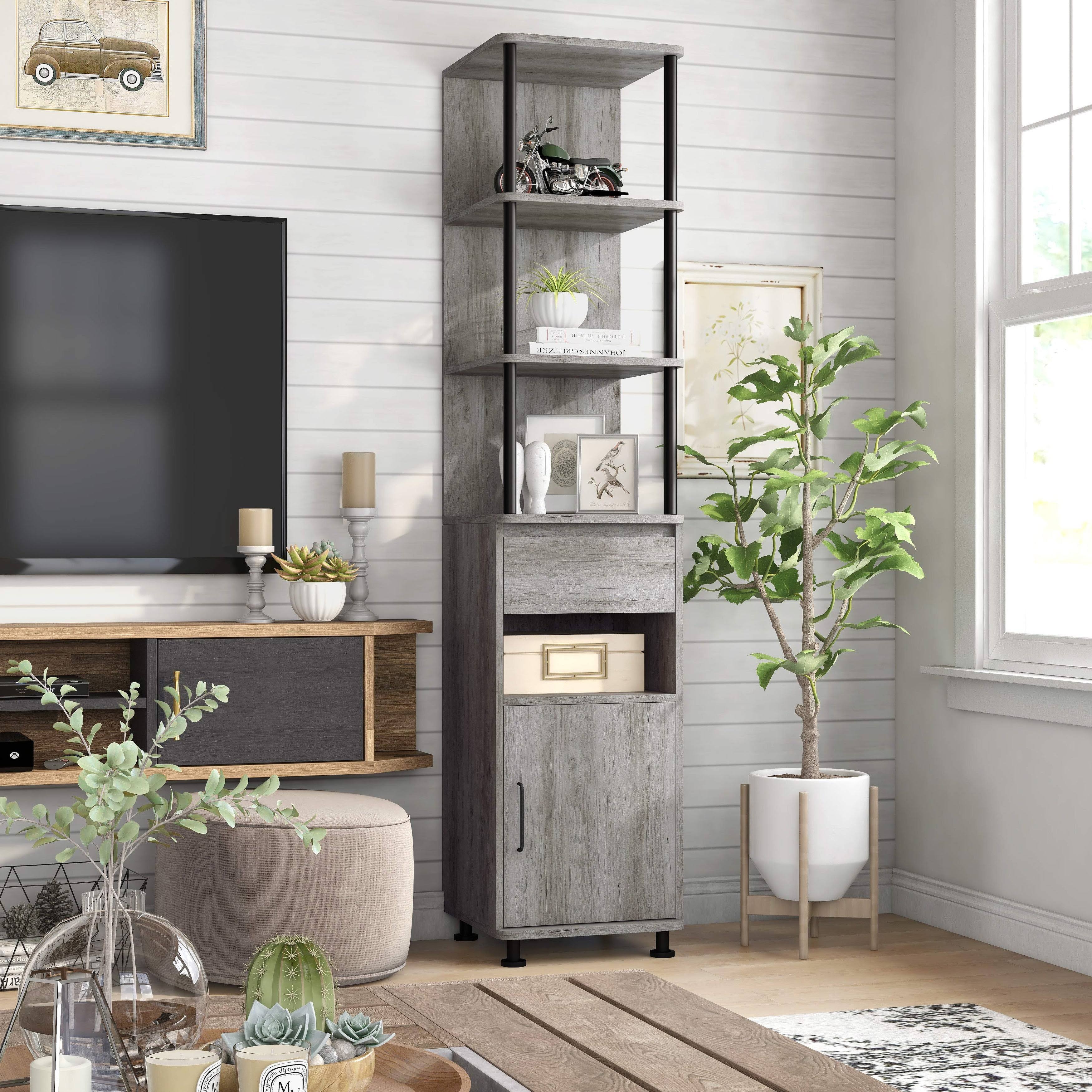 Industrial 4-Shelf Accent Bookcase - Antique Grey Oak K1424