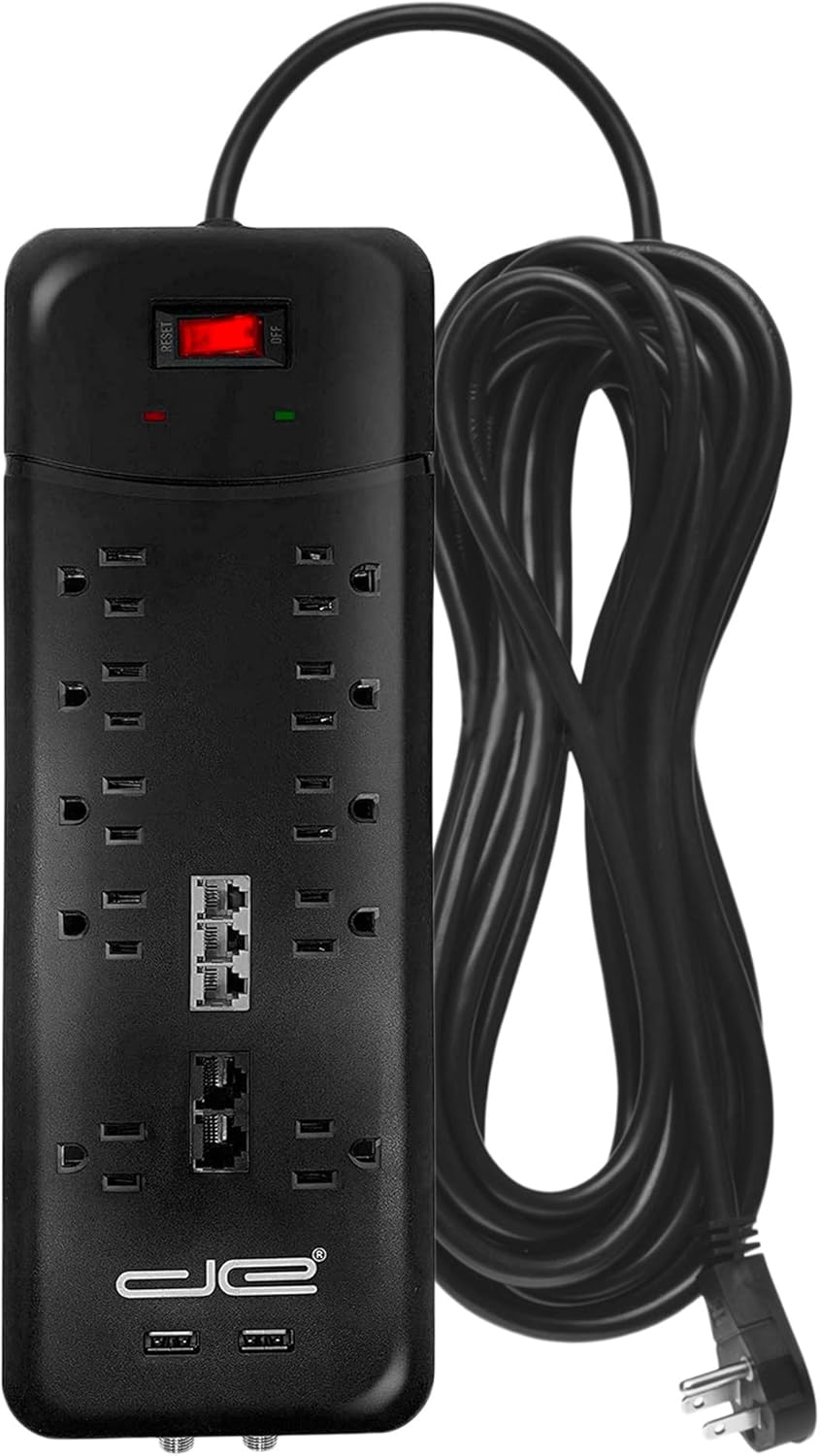 Black 10-Outlet Surge Protector Power Strip, 25 Foot Extension Cord, Pack of 2 O603055