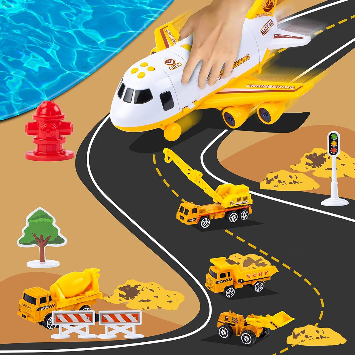 Toddler Airplane Toys with Lights and Sounds, Transport Cargo Airplane with 4 Construction Cars A54227