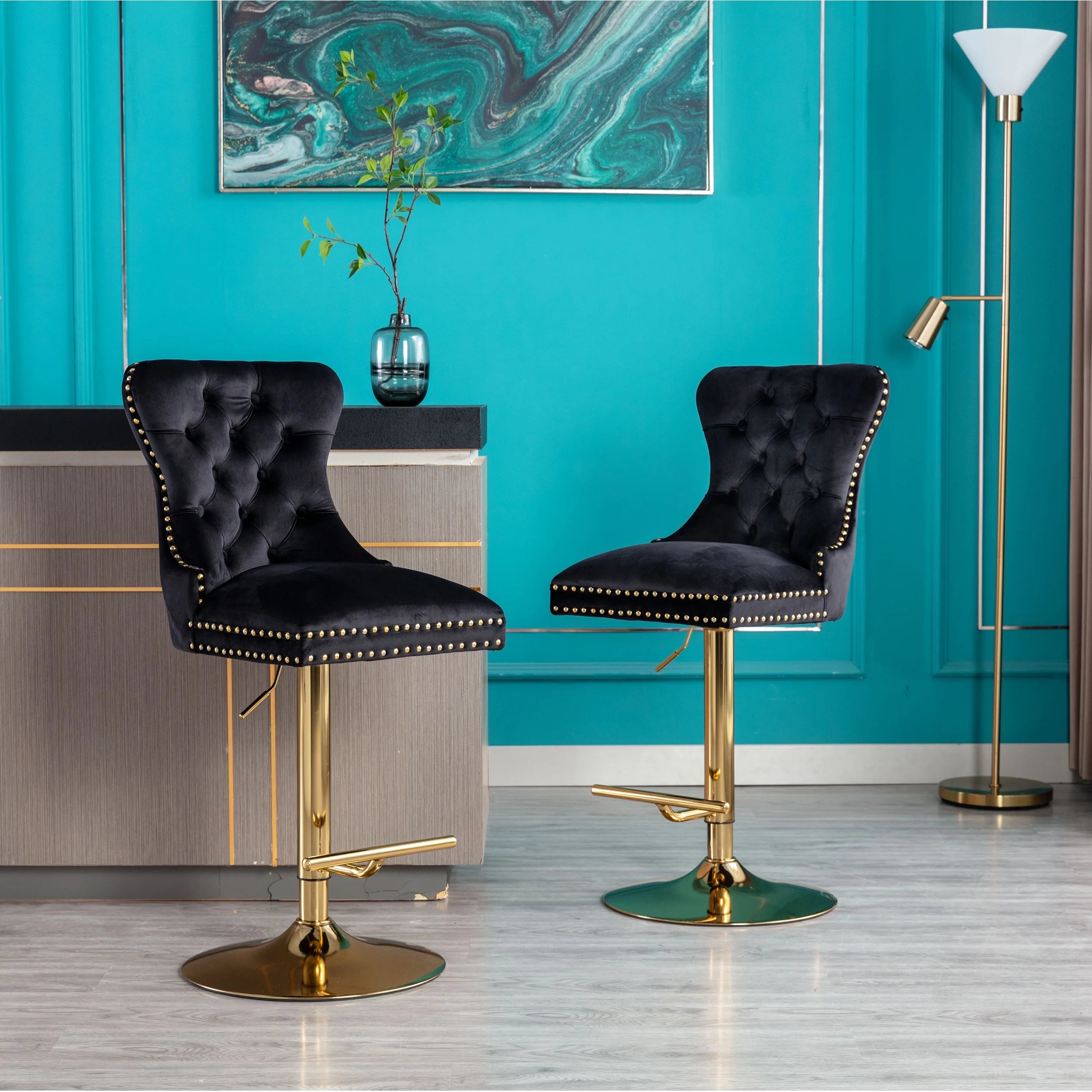 Black Velvet Swivel Bar Stools, Set of 2 M7884