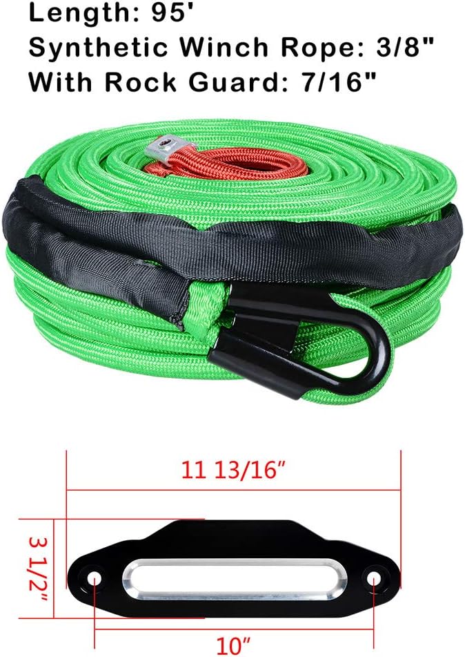 Green Winch Rope Synthetic UHMWPE 22,000 lb 95' x 3/8 inch with Sleeve Protector K506